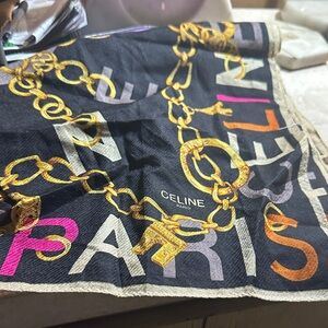 Celine Black Scarf with Gold Chain and Multicolor Lettering